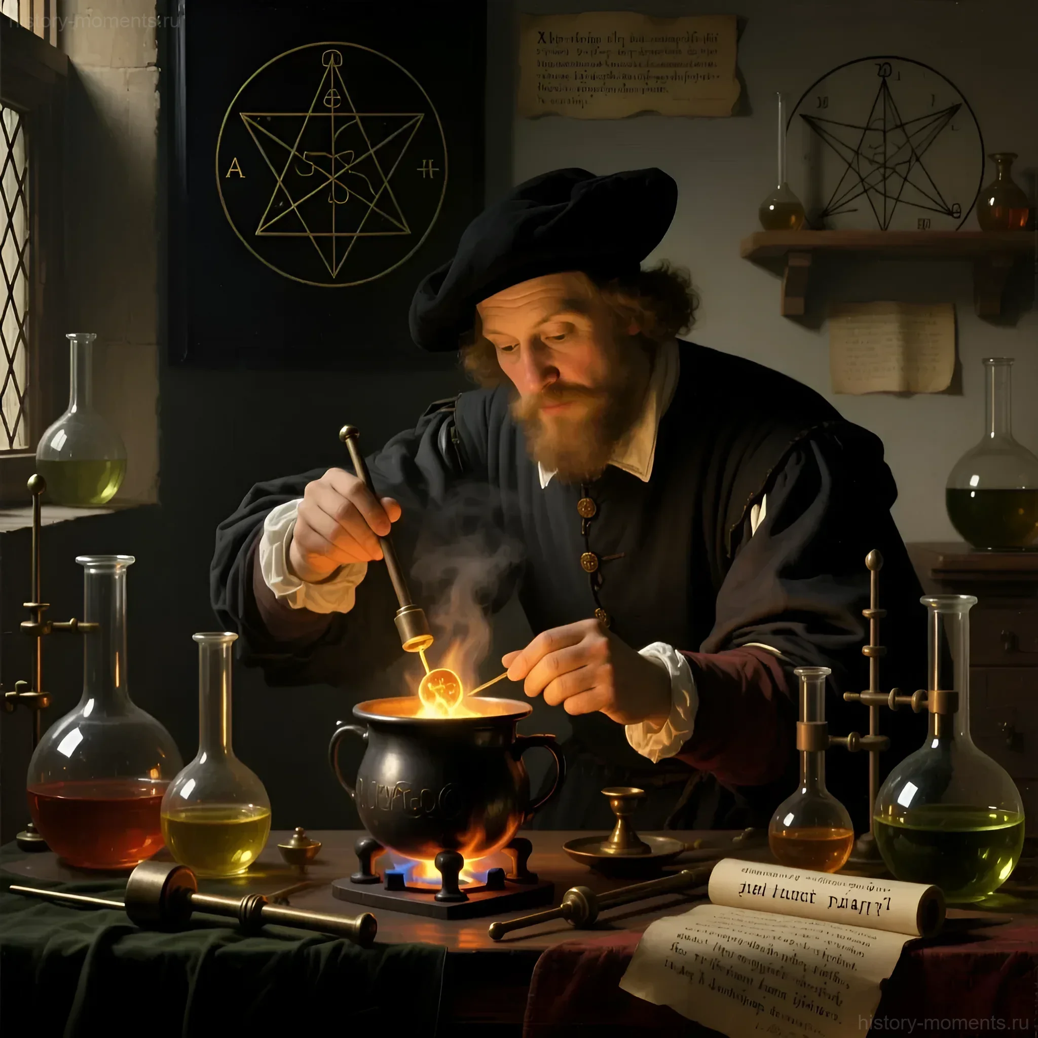 Изображение алхимика, склонившегося над кипящим котлом в средневековой лаборатории, окруженного колбами и оккультными символами.