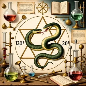 Иллюстрация алхимической лаборатории с изображением змеи Уробороса, колбами, книгами и символами, отражающими поиски трансмутации и бессмертия.