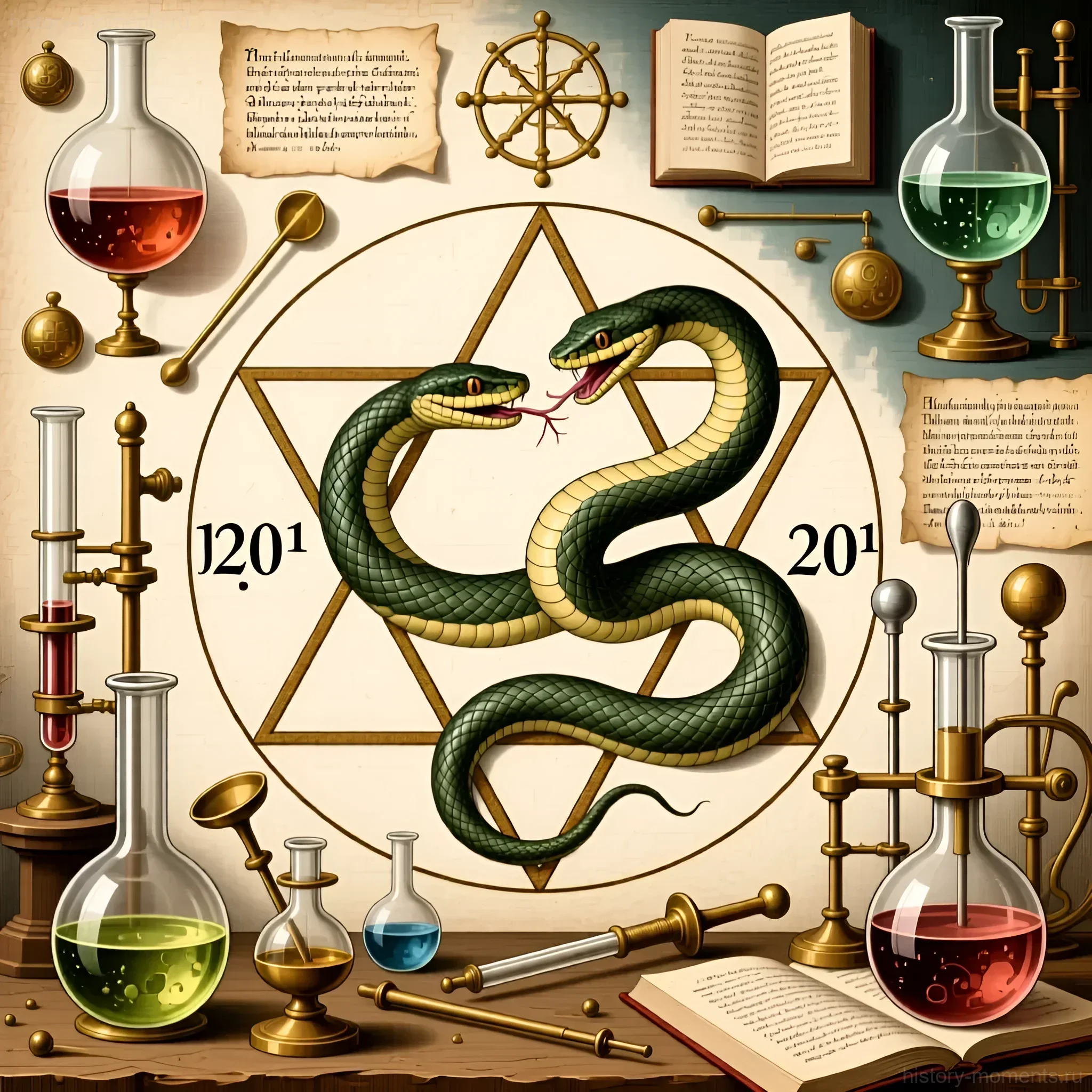 Иллюстрация алхимической лаборатории с изображением змеи Уробороса, колбами, книгами и символами, отражающими поиски трансмутации и бессмертия.