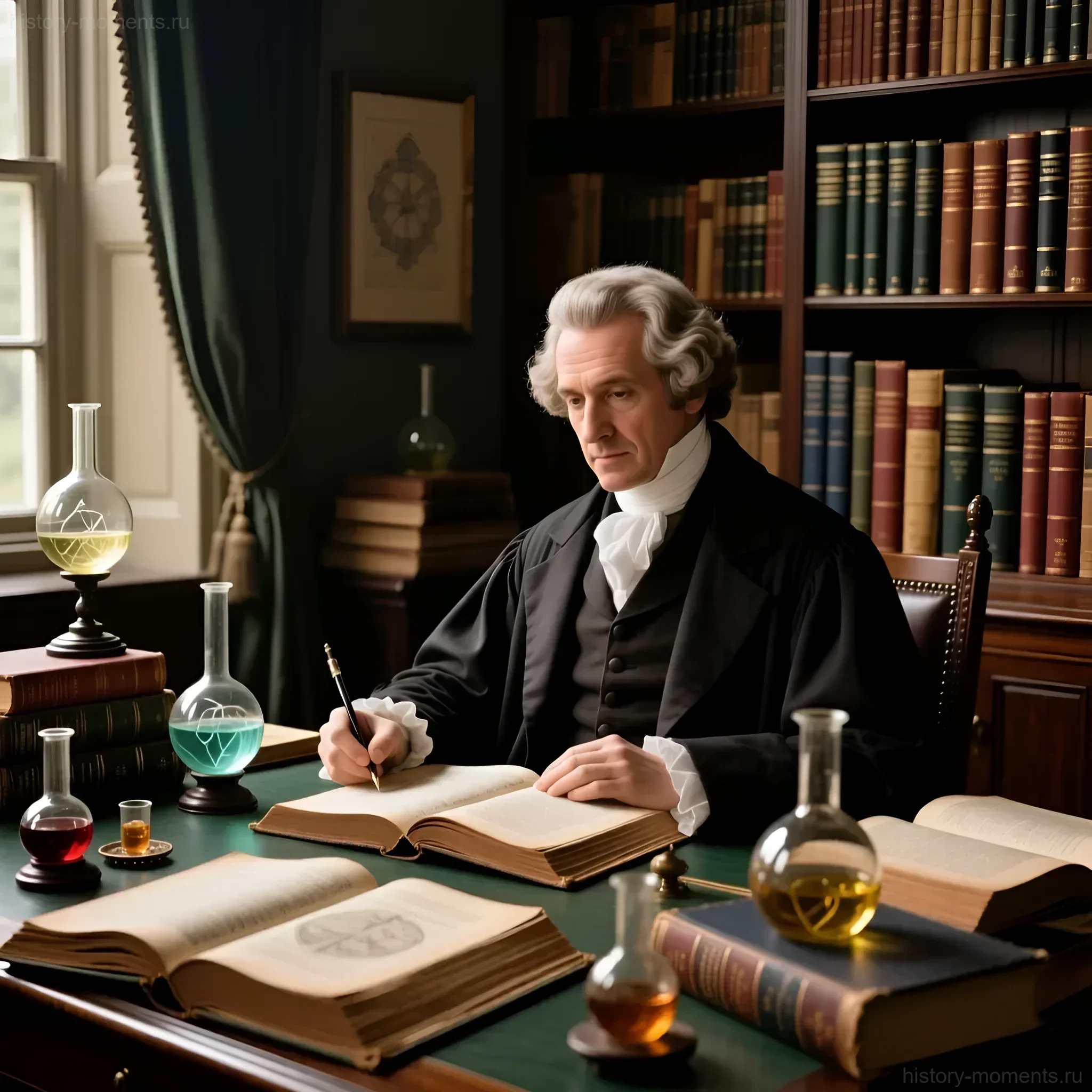 Портрет алхимика, склонившегося над раскрытой книгой в окружении колб и алхимических инструментов, символизирующий поиски трансмутации и эликсира жизни.