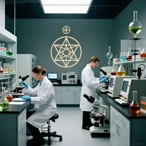 Современная лаборатория с научным оборудованием и алхимическим символом пентаграммы, отражающая преемственность между алхимией и современной наукой.