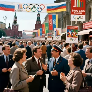 Цветная фотография 1980 года, запечатлевшая оживленную сцену на Красной площади в Москве, украшенной олимпийской символикой. Советские граждане в повседневной одежде и форме общаются, демонстрируя энтузиазм перед предстоящими Играми.