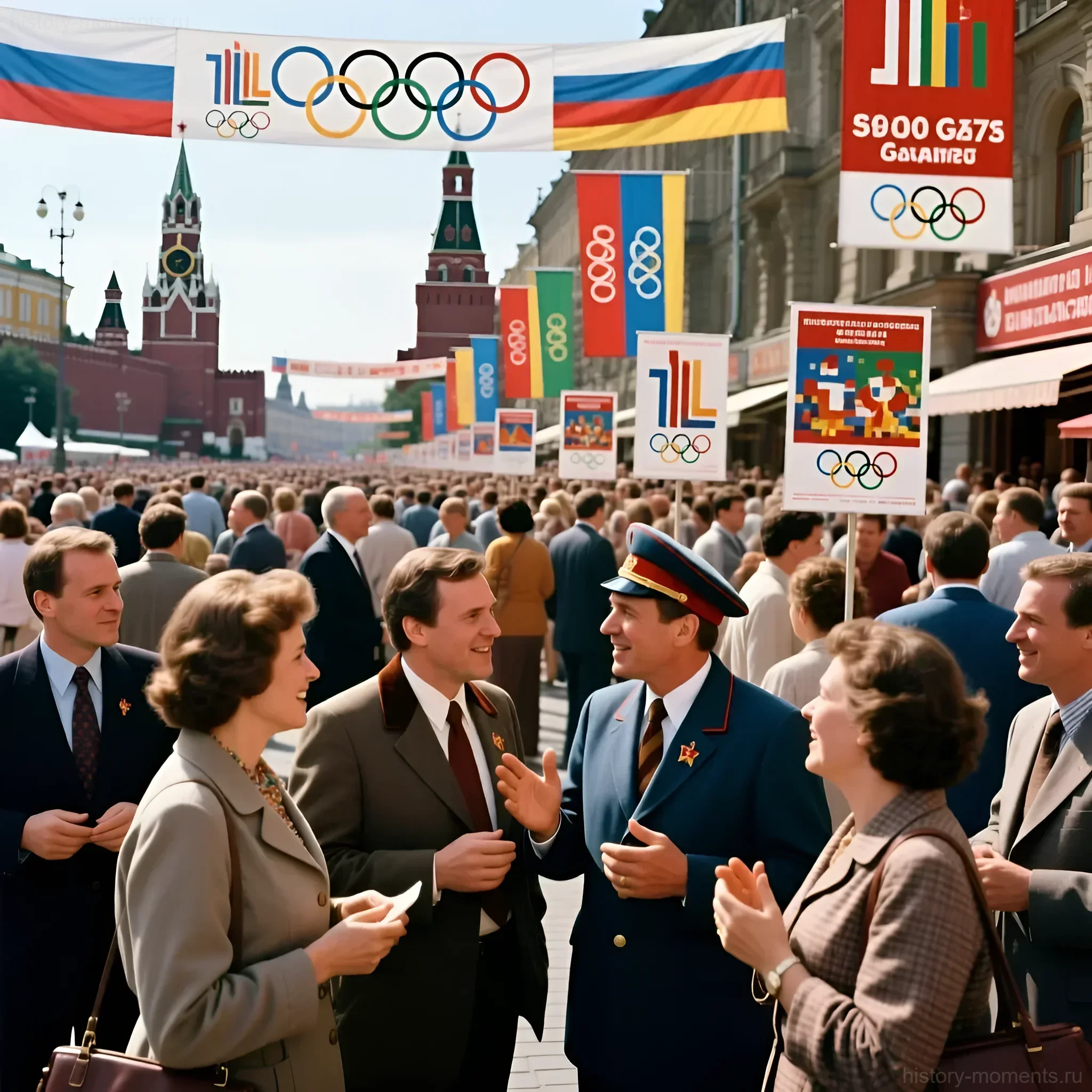 Цветная фотография 1980 года, запечатлевшая оживленную сцену на Красной площади в Москве, украшенной олимпийской символикой. Советские граждане в повседневной одежде и форме общаются, демонстрируя энтузиазм перед предстоящими Играми.