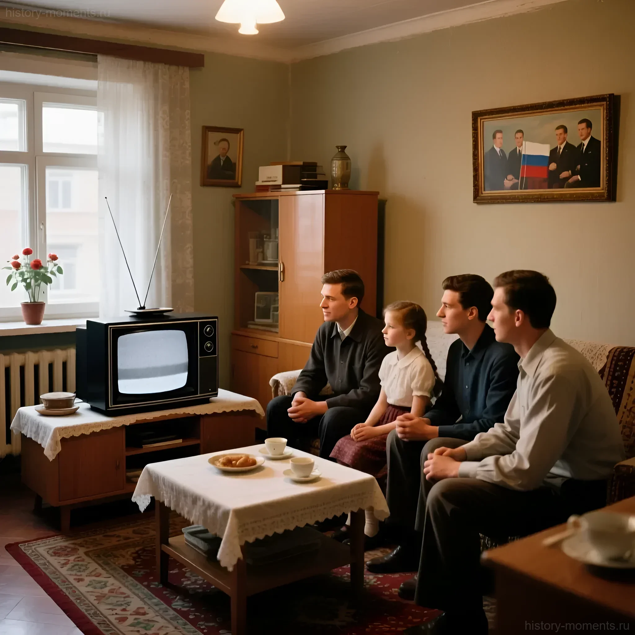 Советская семья у старого черно-белого телевизора во время трансляции Олимпиады-80, гостиная обставлена в типичном стиле эпохи.