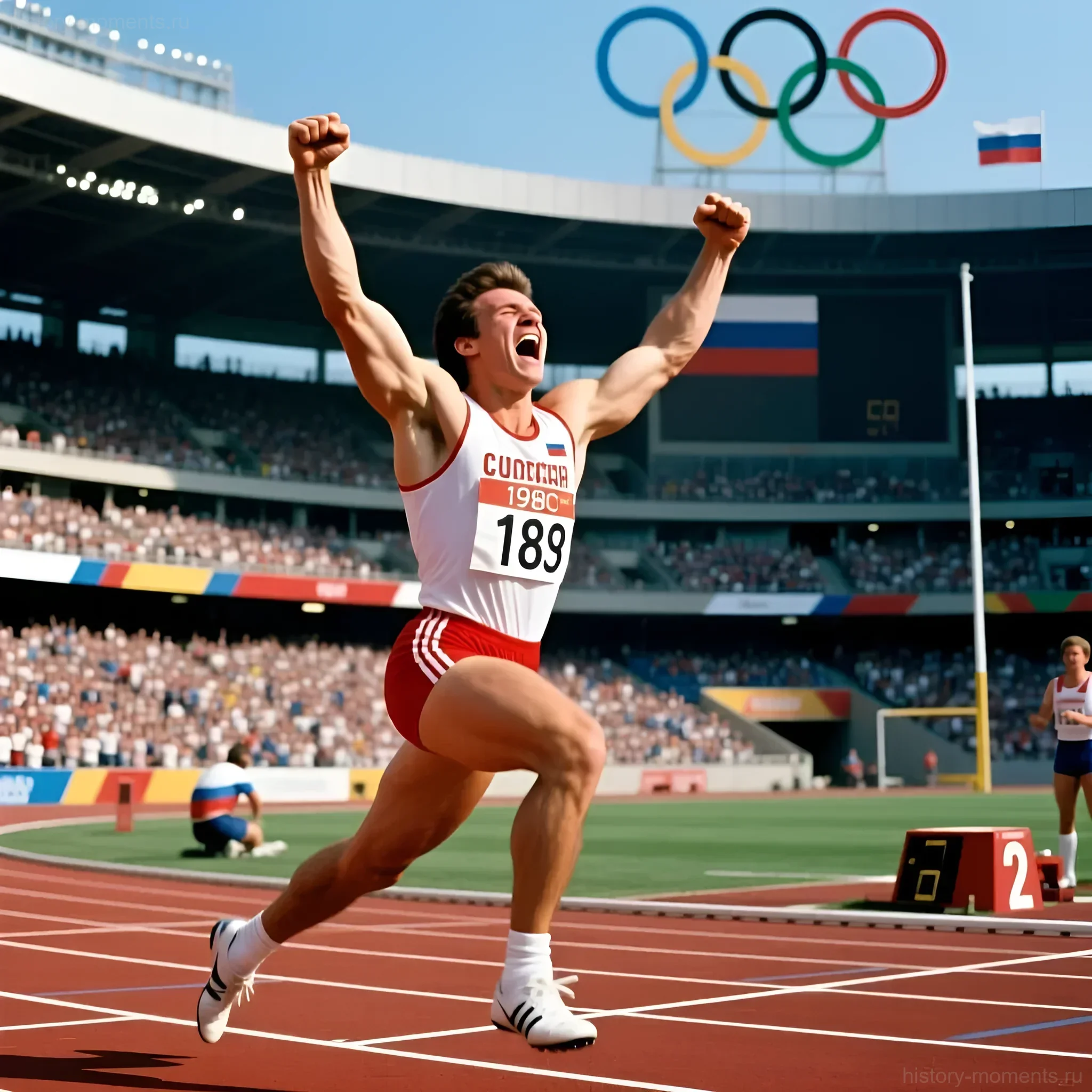 Александр Серебров, советский легкоатлет, празднует победу в беге на 100 метров на Московской Олимпиаде-80, трибуны переполнены зрителями.
