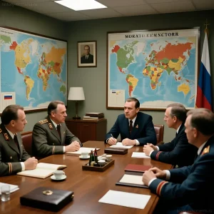 Фотография совещания в штабе подготовки к московской Олимпиаде 1980 года, с картами мира и портретом Леонида Брежнева на стене.