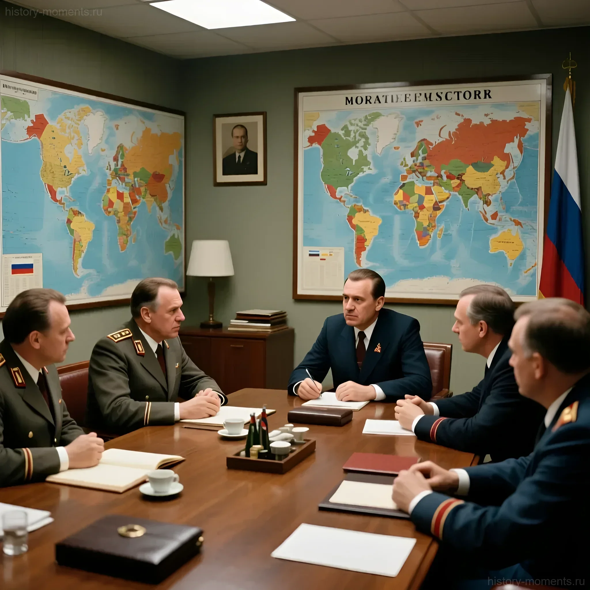 Фотография совещания в штабе подготовки к московской Олимпиаде 1980 года, с картами мира и портретом Леонида Брежнева на стене.