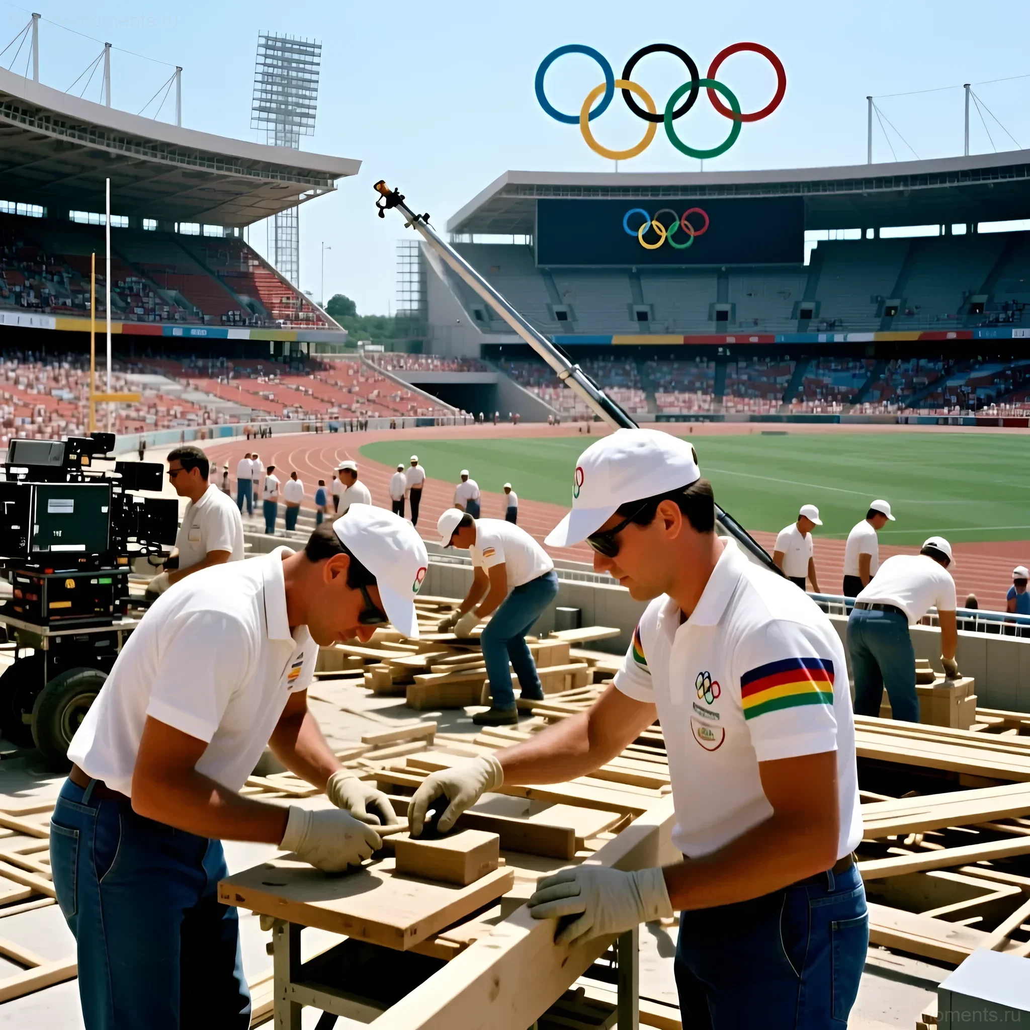 Рабочие устанавливают деревянные элементы на стадионе 'Лужники' во время подготовки к летним Олимпийским играм 1980 года в Москве.