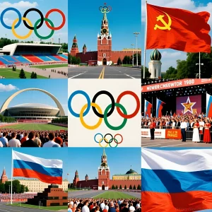 Коллаж, отражающий атмосферу московской Олимпиады-80: олимпийские символы, виды на Москву, флаги СССР и России, ликующие зрители.