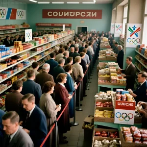 Очередь в советском гастрономе, украшенном символикой Олимпиады-80, демонстрирует дефицит товаров в преддверии Игр.