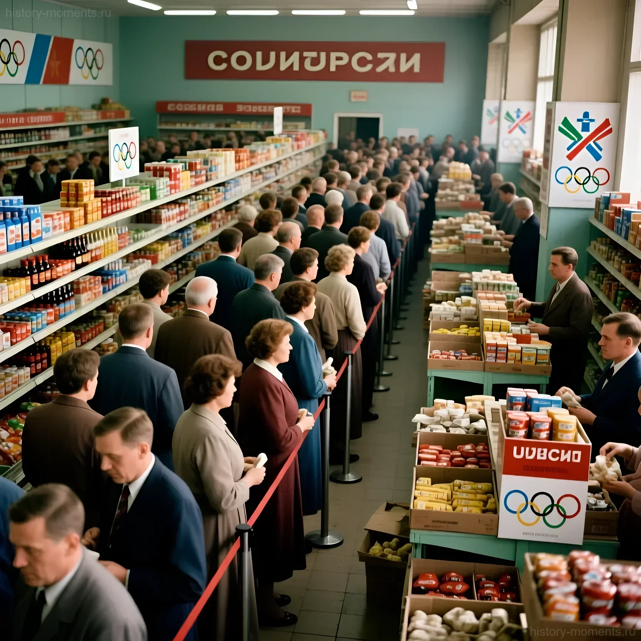 Очередь в советском гастрономе, украшенном символикой Олимпиады-80, демонстрирует дефицит товаров в преддверии Игр.
