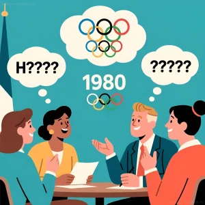 Иллюстрация в стиле поп-арт, изображающая группу советских граждан, обсуждающих предстоящую Олимпиаду-80, с вопросительными знаками в речевых пузырях, символизирующих общественное любопытство и ожидания.