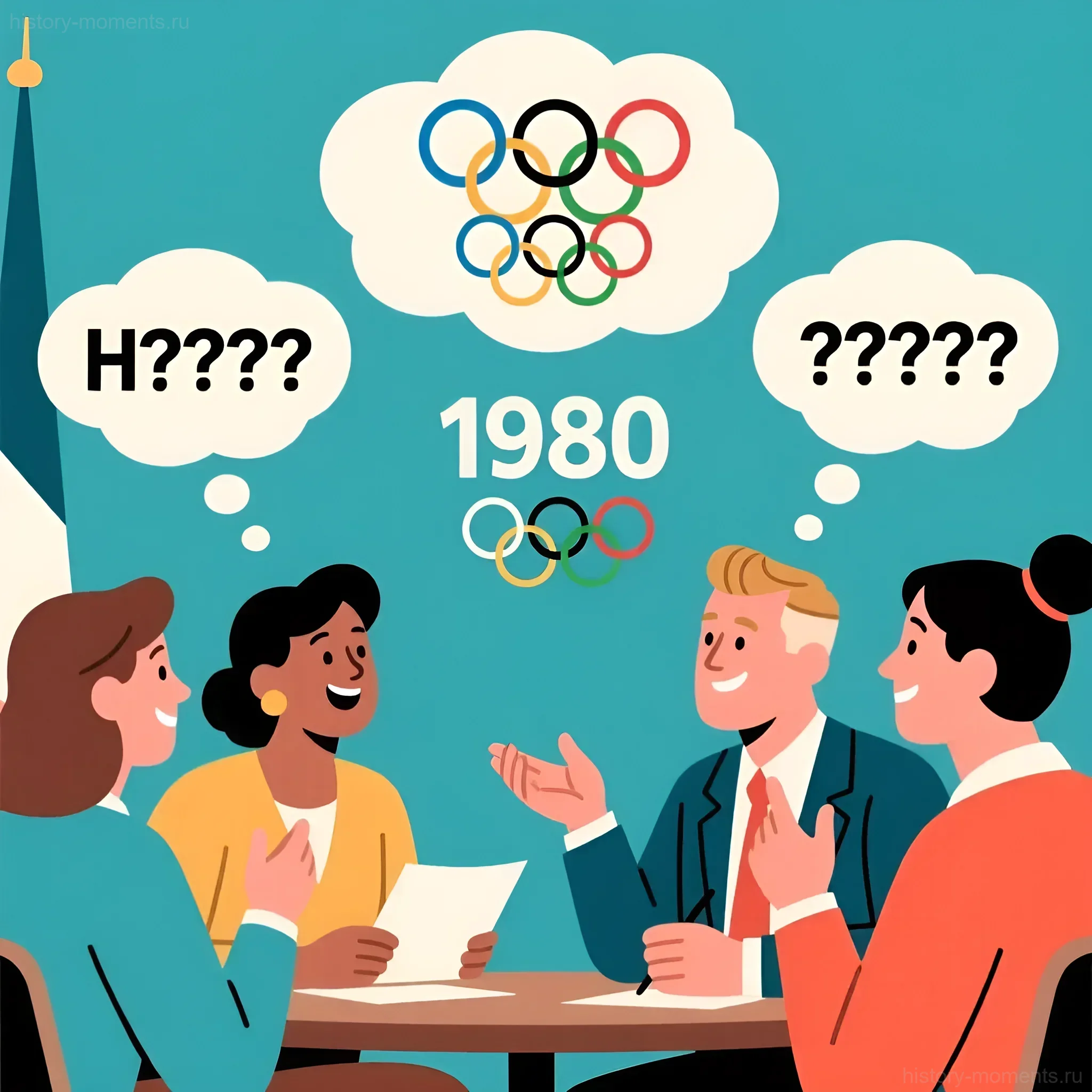 Иллюстрация в стиле поп-арт, изображающая группу советских граждан, обсуждающих предстоящую Олимпиаду-80, с вопросительными знаками в речевых пузырях, символизирующих общественное любопытство и ожидания.