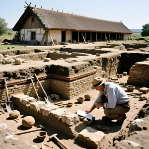 Археологические раскопки остатков средневекового крестьянского дома с частично восстановленной реконструкцией здания на заднем плане.