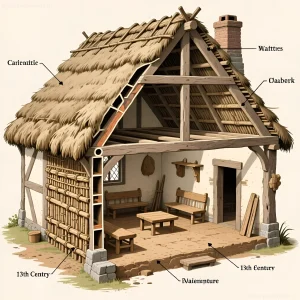 Схема-иллюстрация разреза типичного крестьянского дома XIII века, демонстрирующая конструкцию крыши, стен и интерьера.