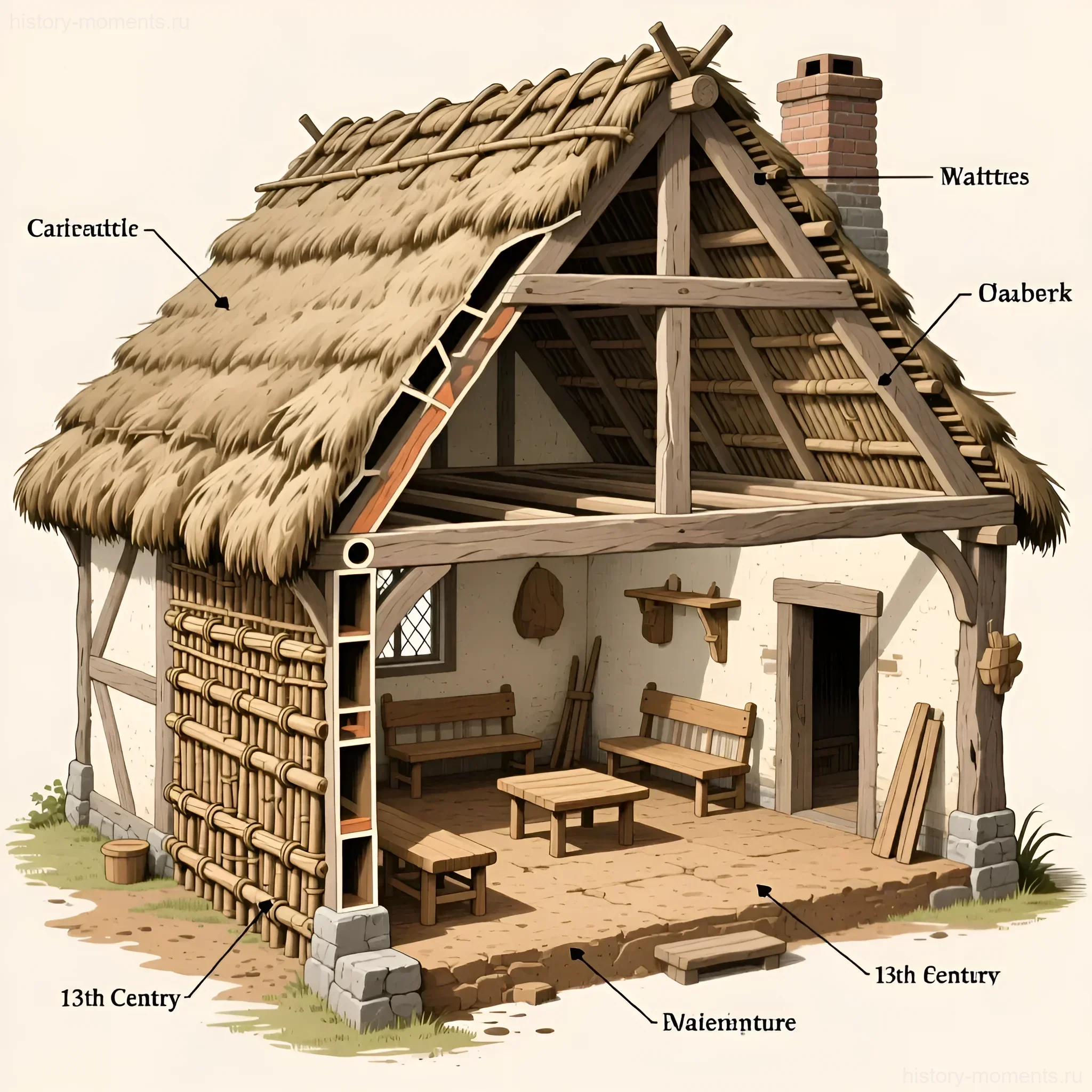 Схема-иллюстрация разреза типичного крестьянского дома XIII века, демонстрирующая конструкцию крыши, стен и интерьера.