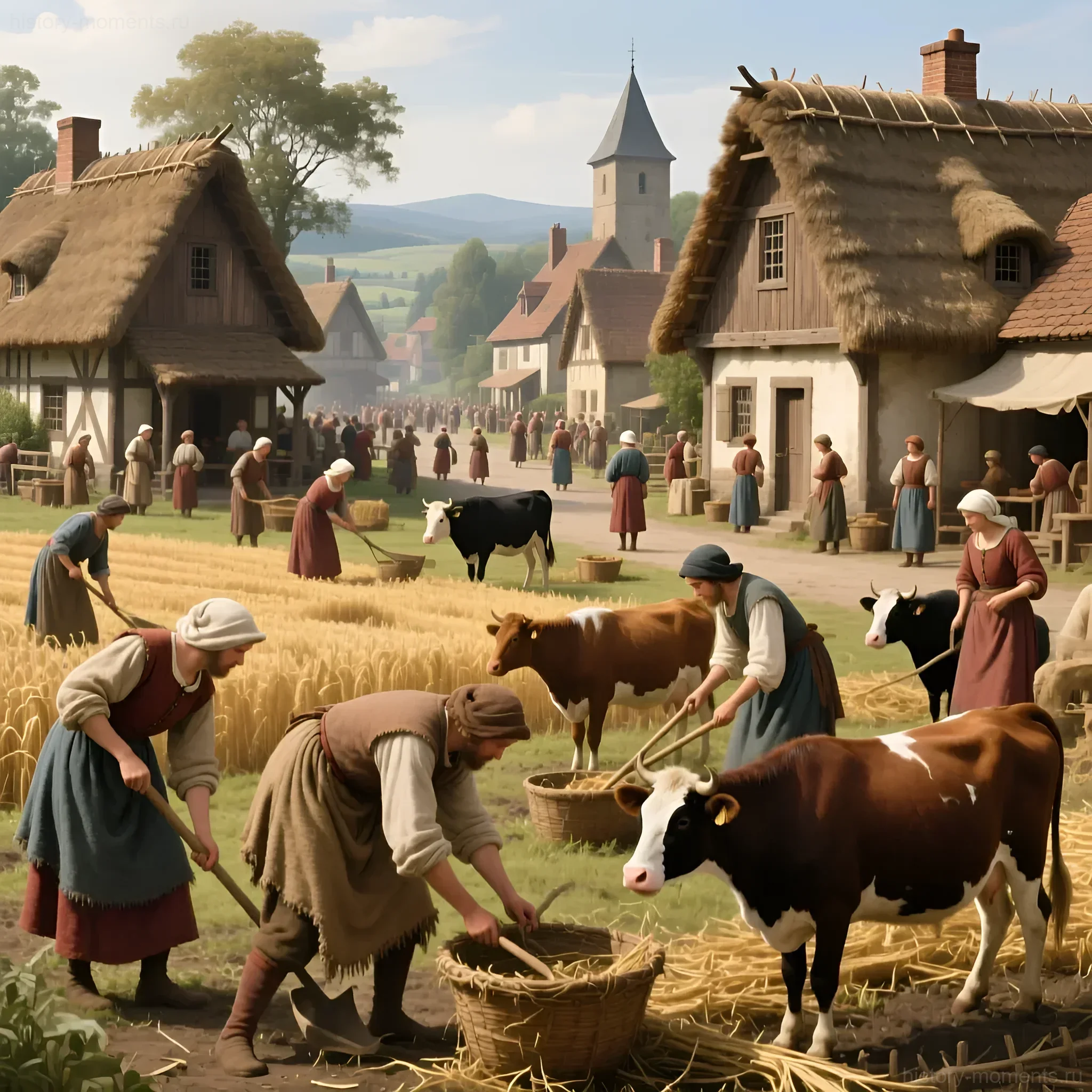 Иллюстрация средневековой деревни с крестьянами, работающими в поле и скотом, на фоне соломенных домов и церкви.