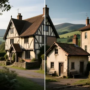 Два средневековых крестьянских дома: просторный фахверковый дом и небольшая каменная постройка, демонстрирующие разницу в достатке.
