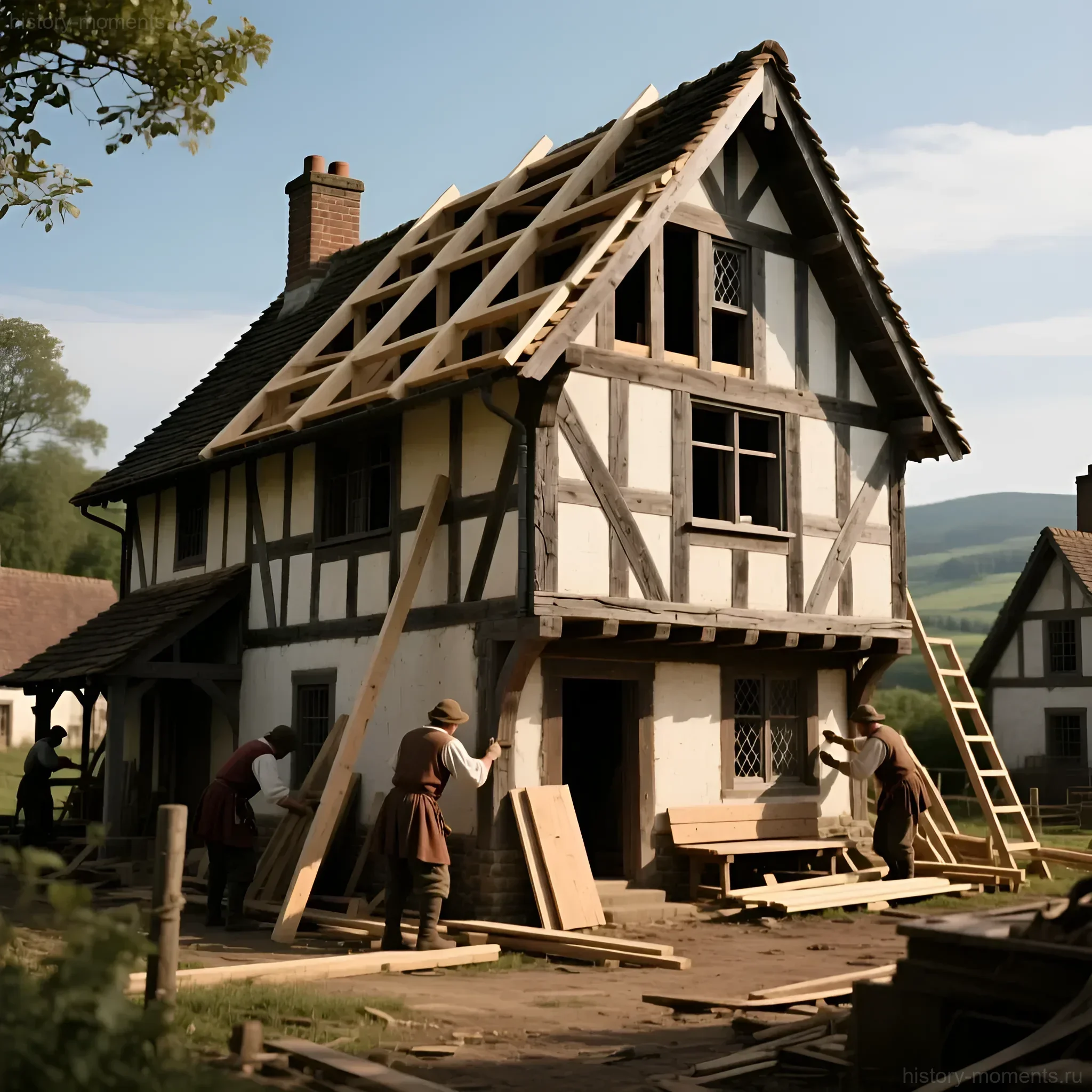 Реконструкция средневекового фахверкового крестьянского дома с рабочими, возводящими крышу, на фоне сельской местности.