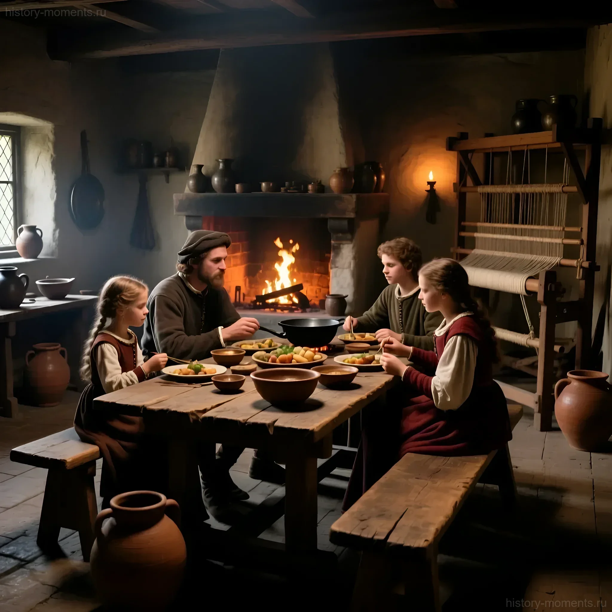 Реконструкция интерьера средневекового крестьянского дома: семья за деревянным столом у камина, ткацкий станок на заднем плане.