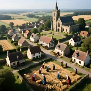 Панорамный вид средневековой деревни с соломенными крышами, окруженной полями и доминирующим собором, с крестьянками, собирающими урожай.