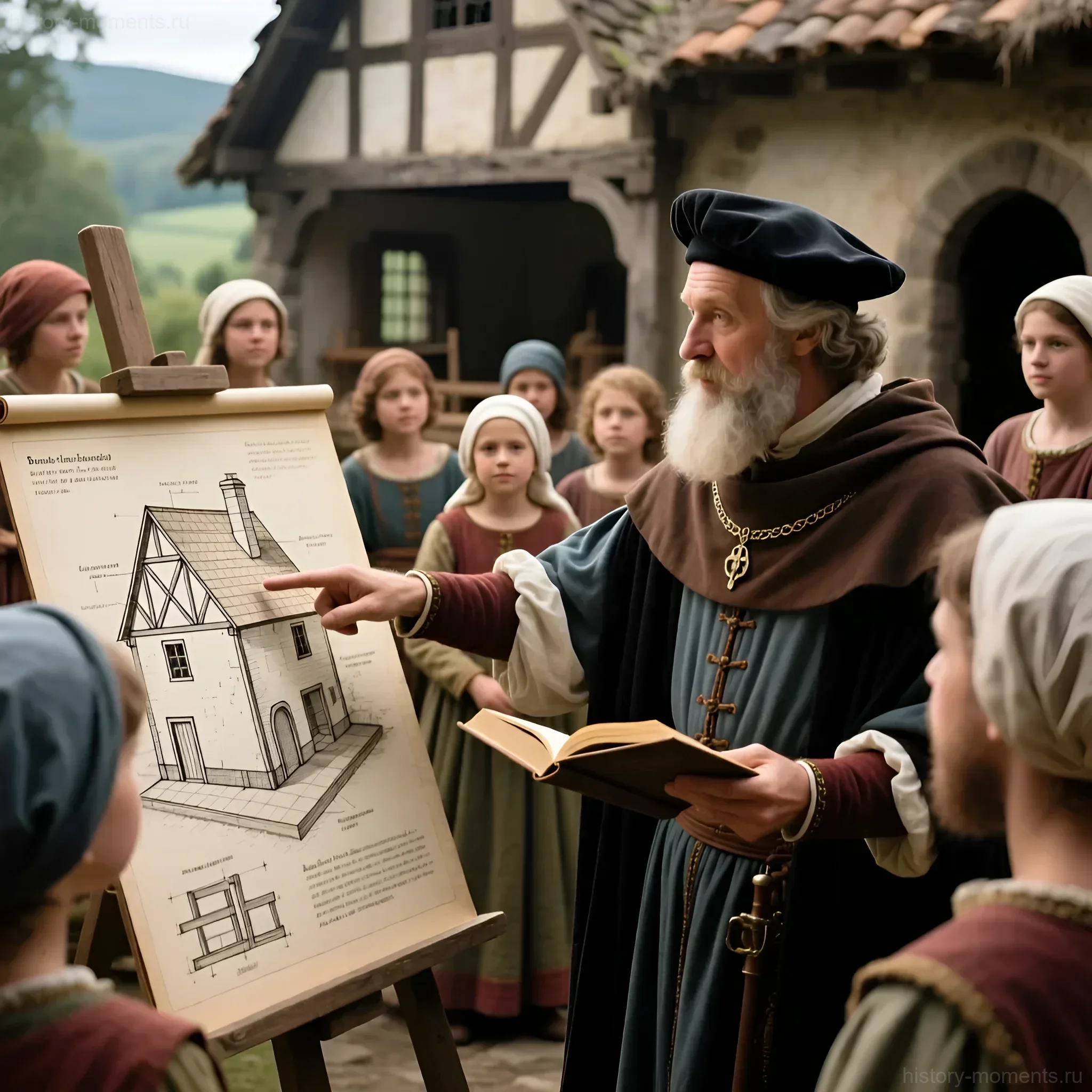 Иллюстрация: пожилой мастер в средневековой одежде объясняет принципы строительства крестьянского дома группе учеников, используя чертеж.