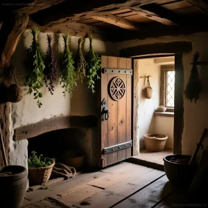 Интерьер средневекового крестьянского дома: деревянная дверь с декоративной вставкой, подвешенные пучки трав, глинобитные стены и деревянный пол.