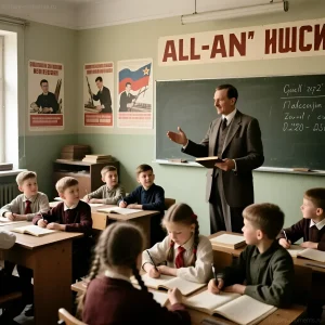 Фотография класса советской школы 1930-х годов с учителем, проводящим урок на фоне агитационных плакатов.