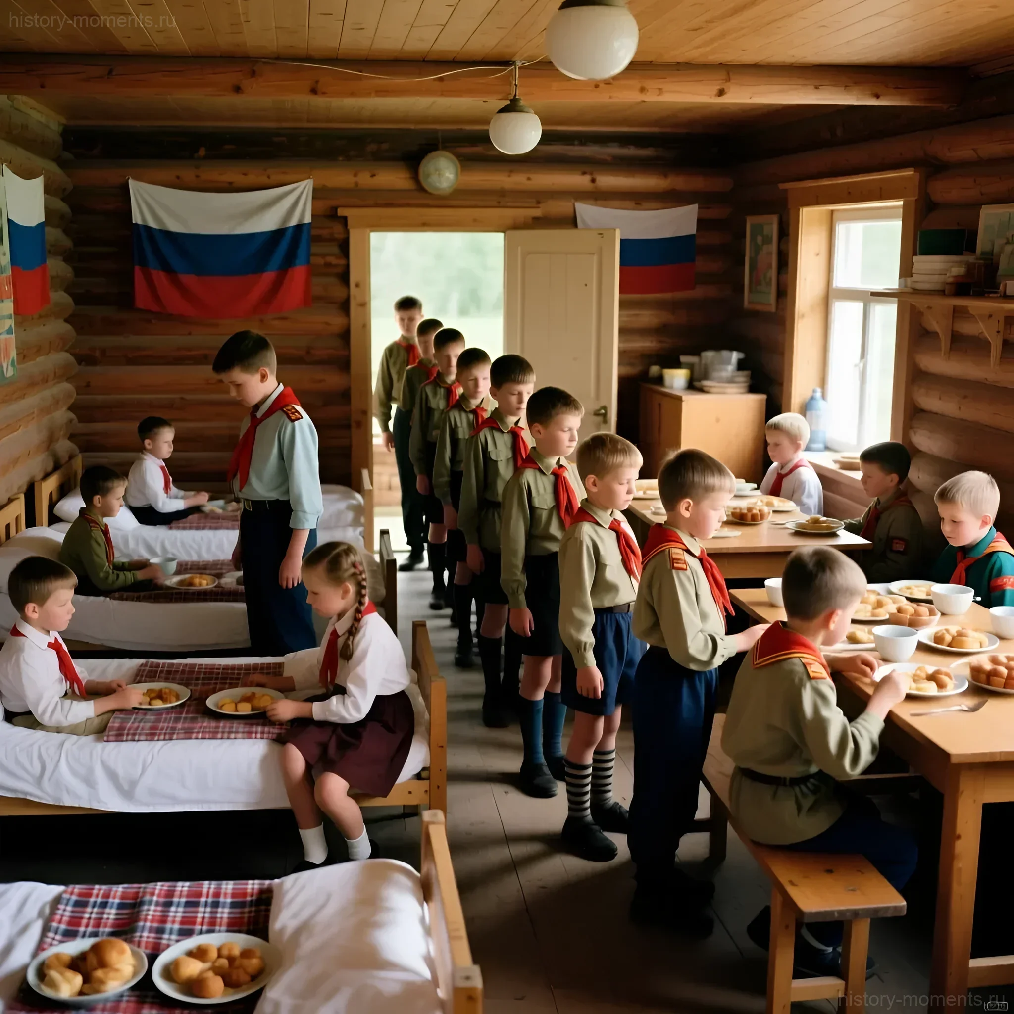 Цветная фотография 1980-х годов: пионеры в форме выстроились в очередь за завтраком в деревянном корпусе лагеря, украшенном флагами.