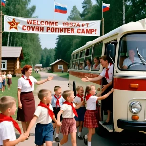 Цветная фотография 1957 года: дети в пионерских галстуках радостно встречают прибывший автобус в советском пионерском лагере, окруженные вожатыми и флажками.