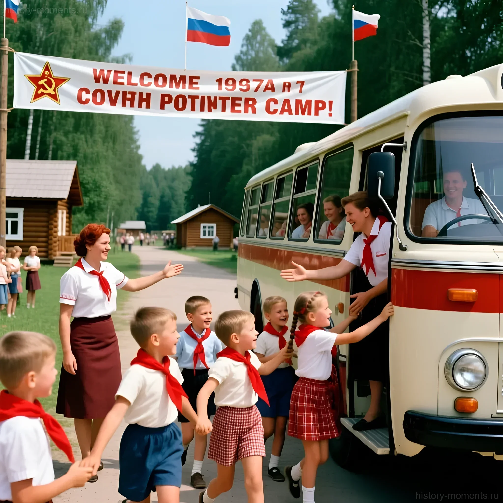 Цветная фотография 1957 года: дети в пионерских галстуках радостно встречают прибывший автобус в советском пионерском лагере, окруженные вожатыми и флажками.