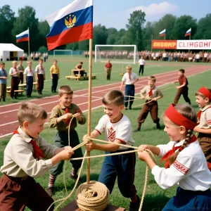 Цветная фотография 1980-х годов: группа советских пионеров с красными галстуками участвует в перетягивании каната на фоне стадиона и зрителей.