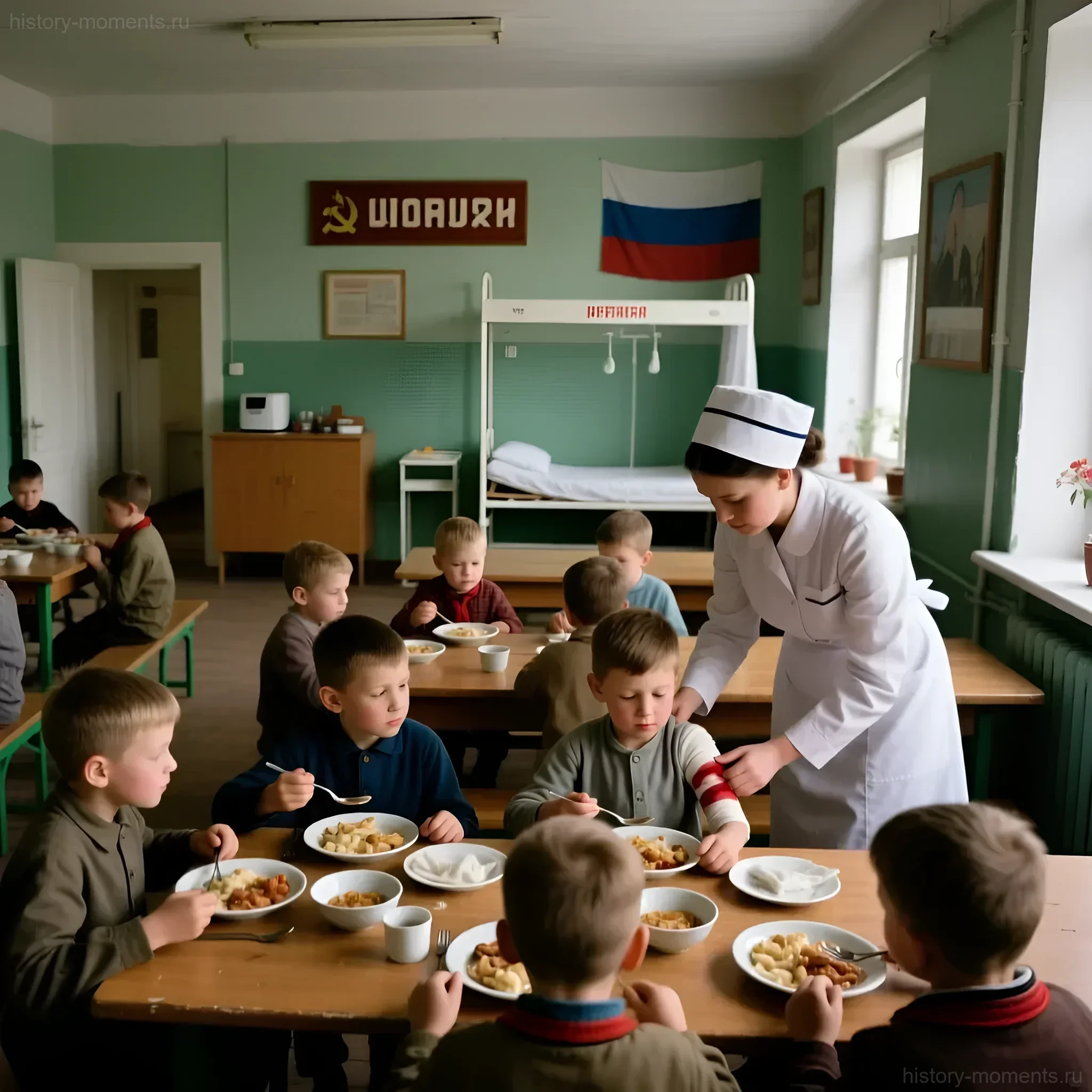 Цветная фотография 1980-х годов: медицинская сестра следит за тем, как пионеры едят макароны в столовой лагеря.