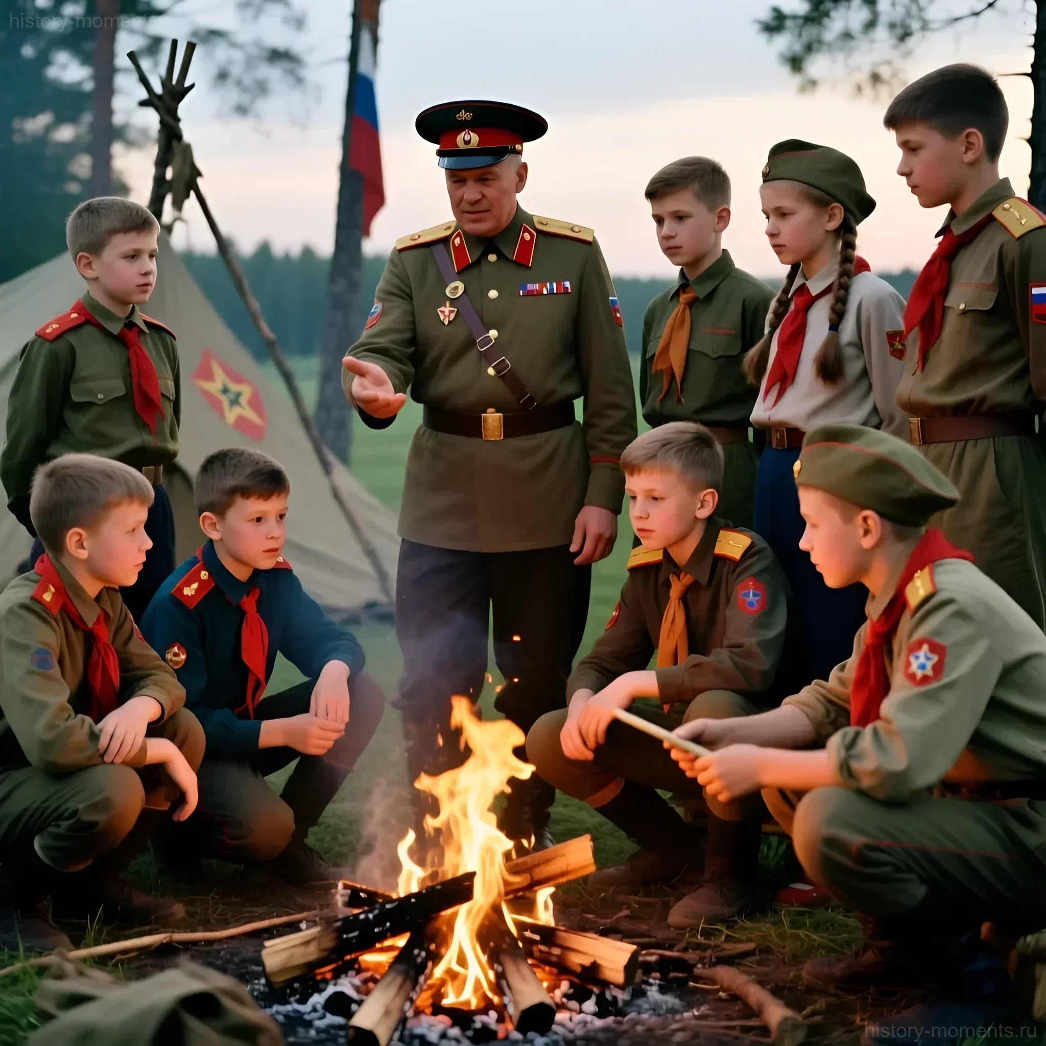 Цветная фотография 1980-х годов: вожатый в военной форме рассказывает пионерам у костра в лесу, советский пионерский лагерь.