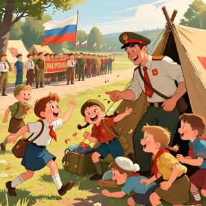 Иллюстрация: Вожатый приветствует прибывающих в пионерский лагерь детей с чемоданами на фоне строя пионеров и развевающихся флагов.