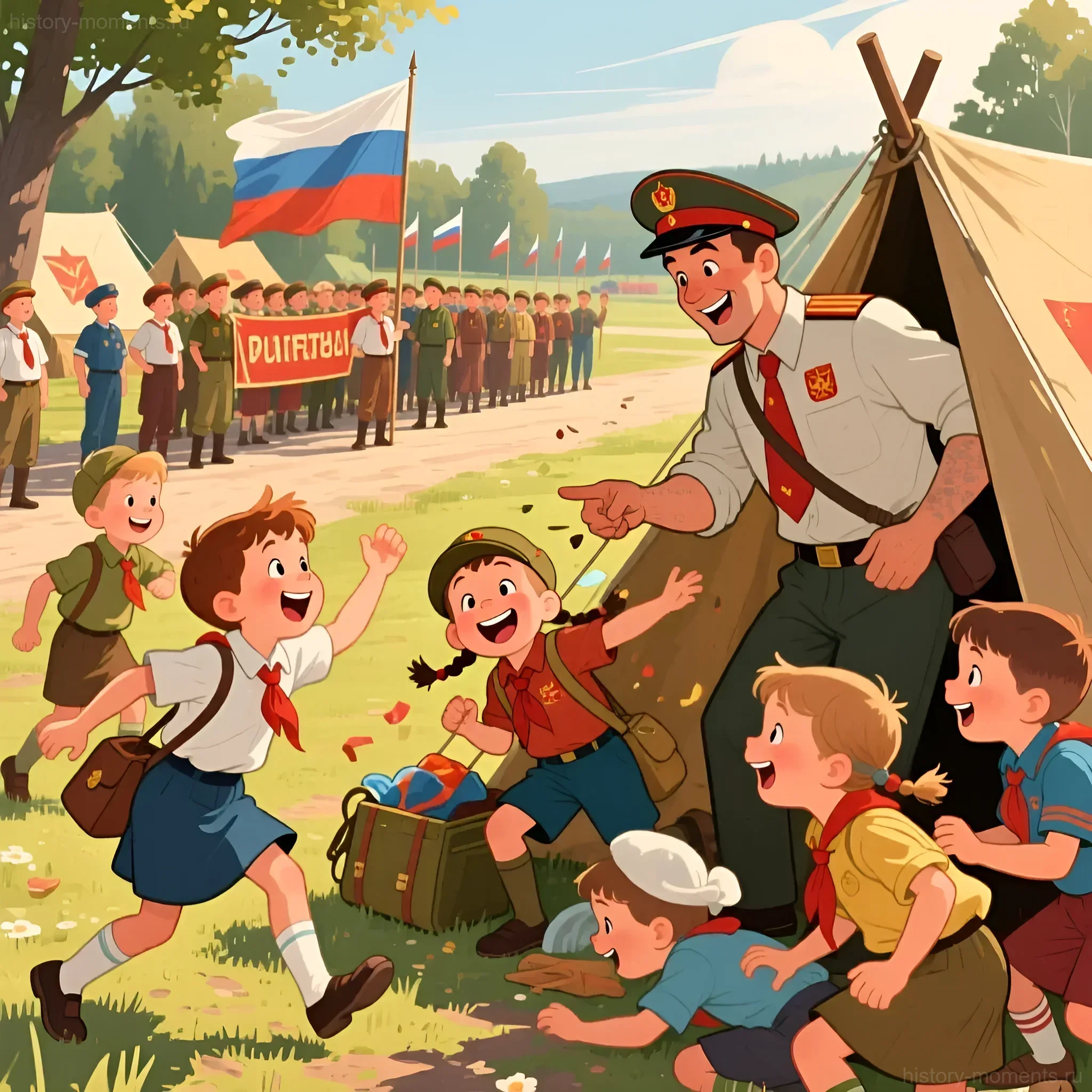 Иллюстрация: Вожатый приветствует прибывающих в пионерский лагерь детей с чемоданами на фоне строя пионеров и развевающихся флагов.
