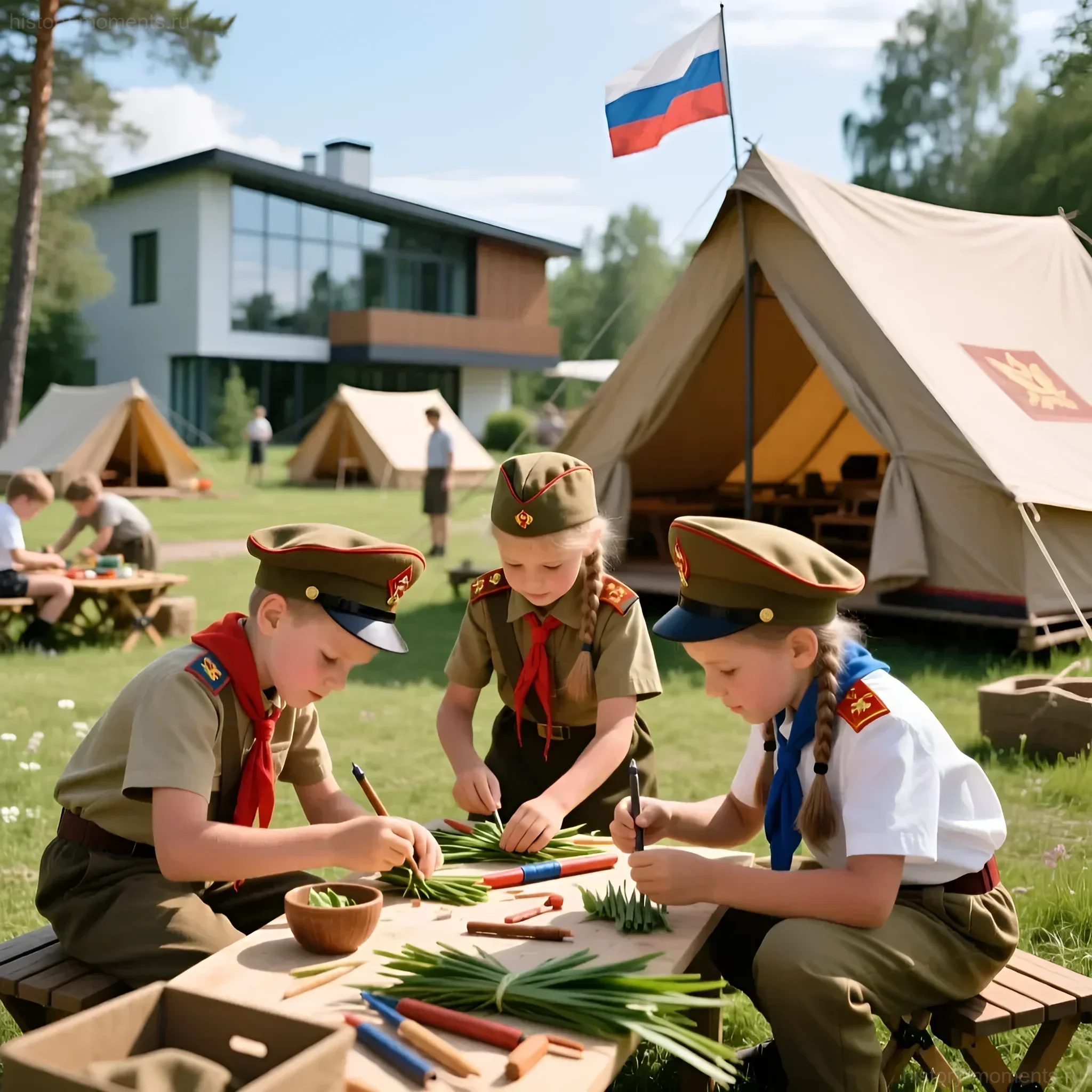 Дети в пионерской форме занимаются рукоделием на фоне палаток и современного здания лагеря, флаг России.