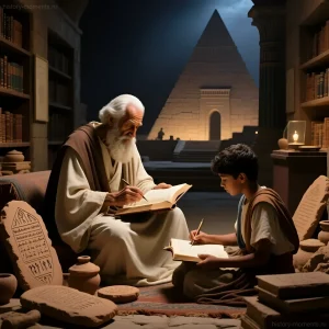 Иллюстрация: пожилой египетский писец в белых одеждах обучает молодого ученика письму и чтению в библиотеке с папирусными свитками и пирамидой на заднем плане.