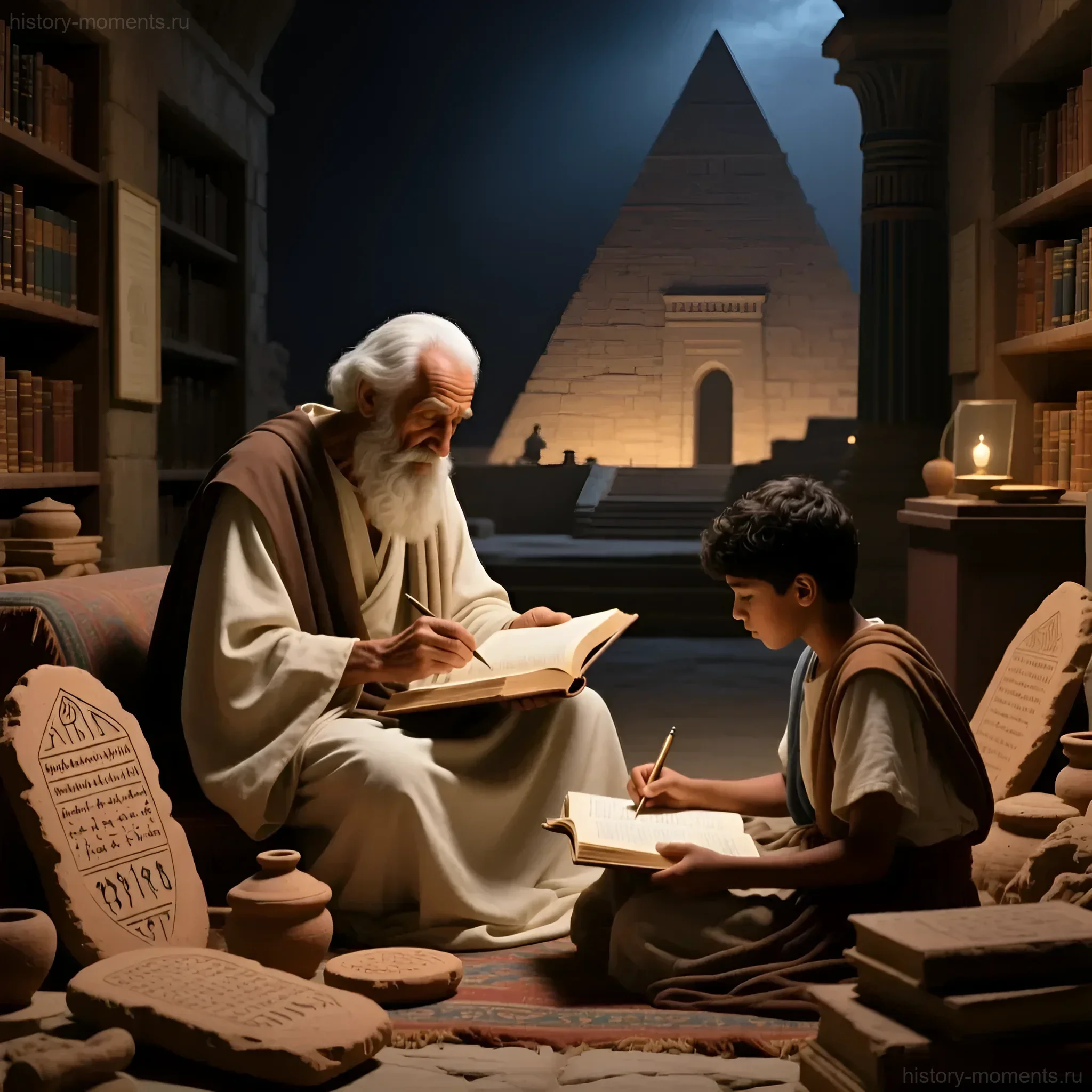 Иллюстрация: пожилой египетский писец в белых одеждах обучает молодого ученика письму и чтению в библиотеке с папирусными свитками и пирамидой на заднем плане.