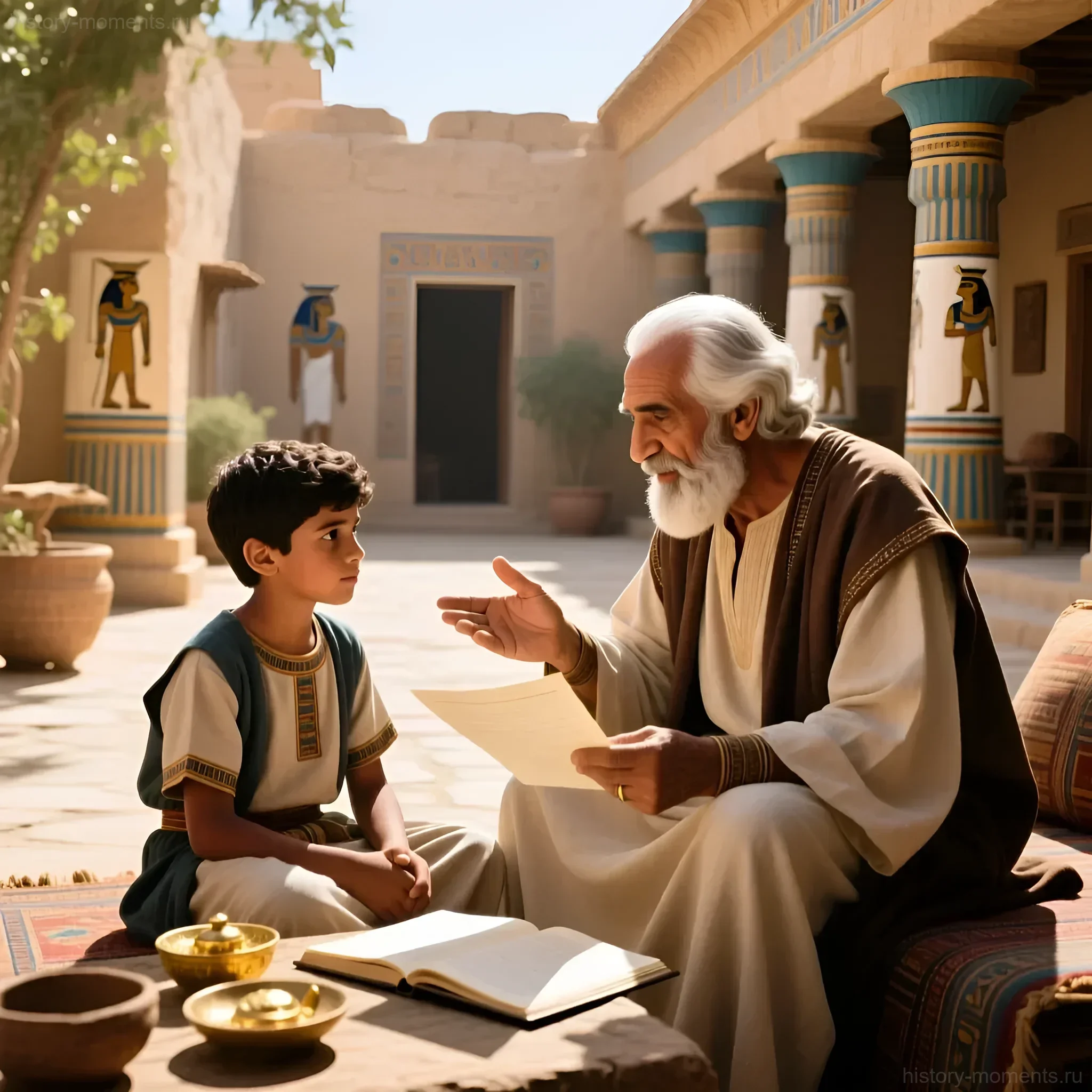 Иллюстрация: пожилой египтянин с белой бородой обучает молодого мальчика, сидящего перед раскрытой книгой во дворе храма.