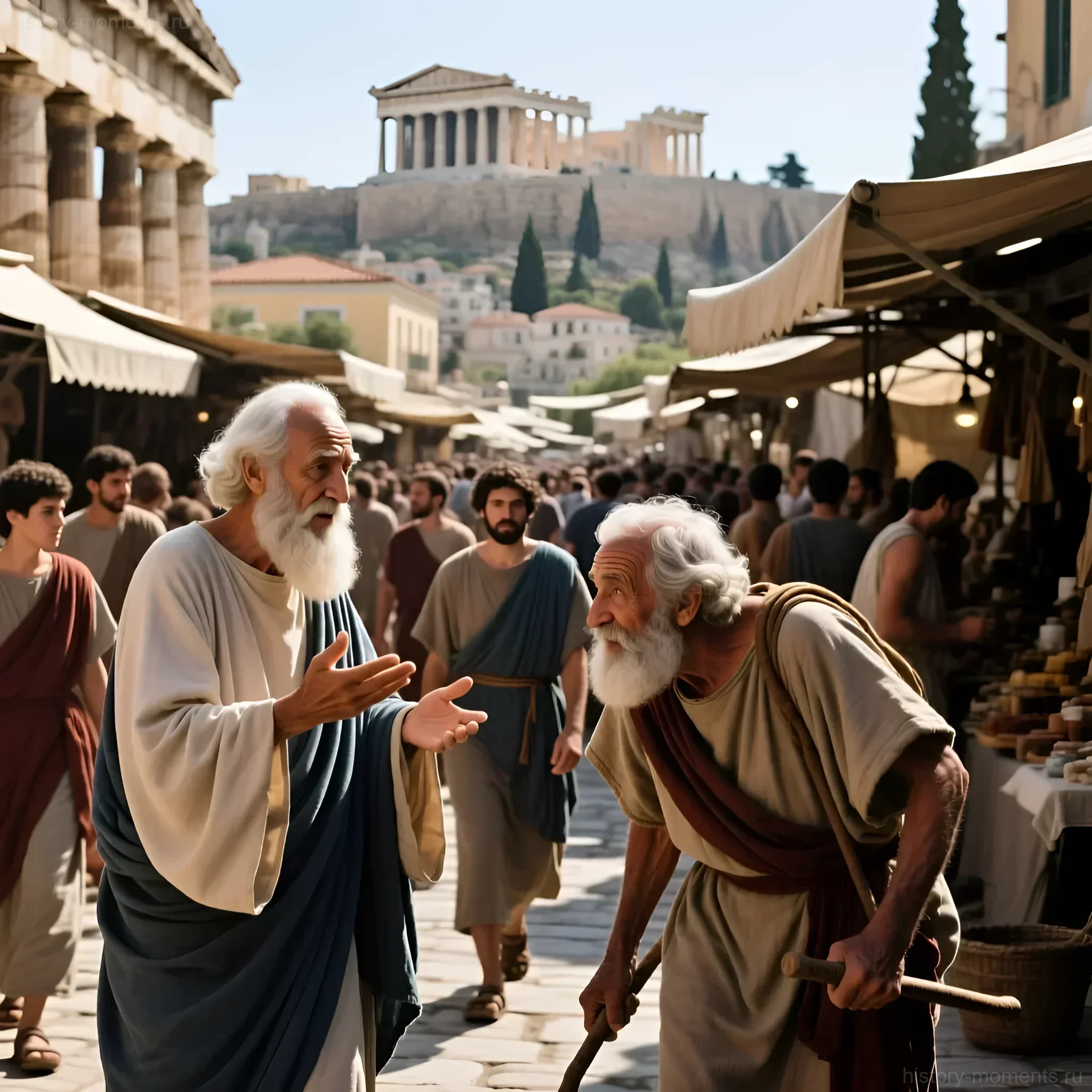 Реконструкция сцены из жизни Древних Афин: два пожилых грека беседуют на оживленной улице с видом на Акрополь.