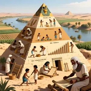 Иллюстрация, схематично изображающая этапы жизни древнего египтянина, от рождения до старости, на фоне пирамид и Нила.