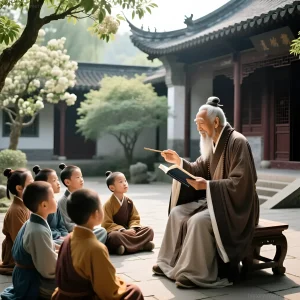 Старый мудрец в традиционной одежде обучает группу детей, сидящих вокруг него во внутреннем дворе китайского дома.