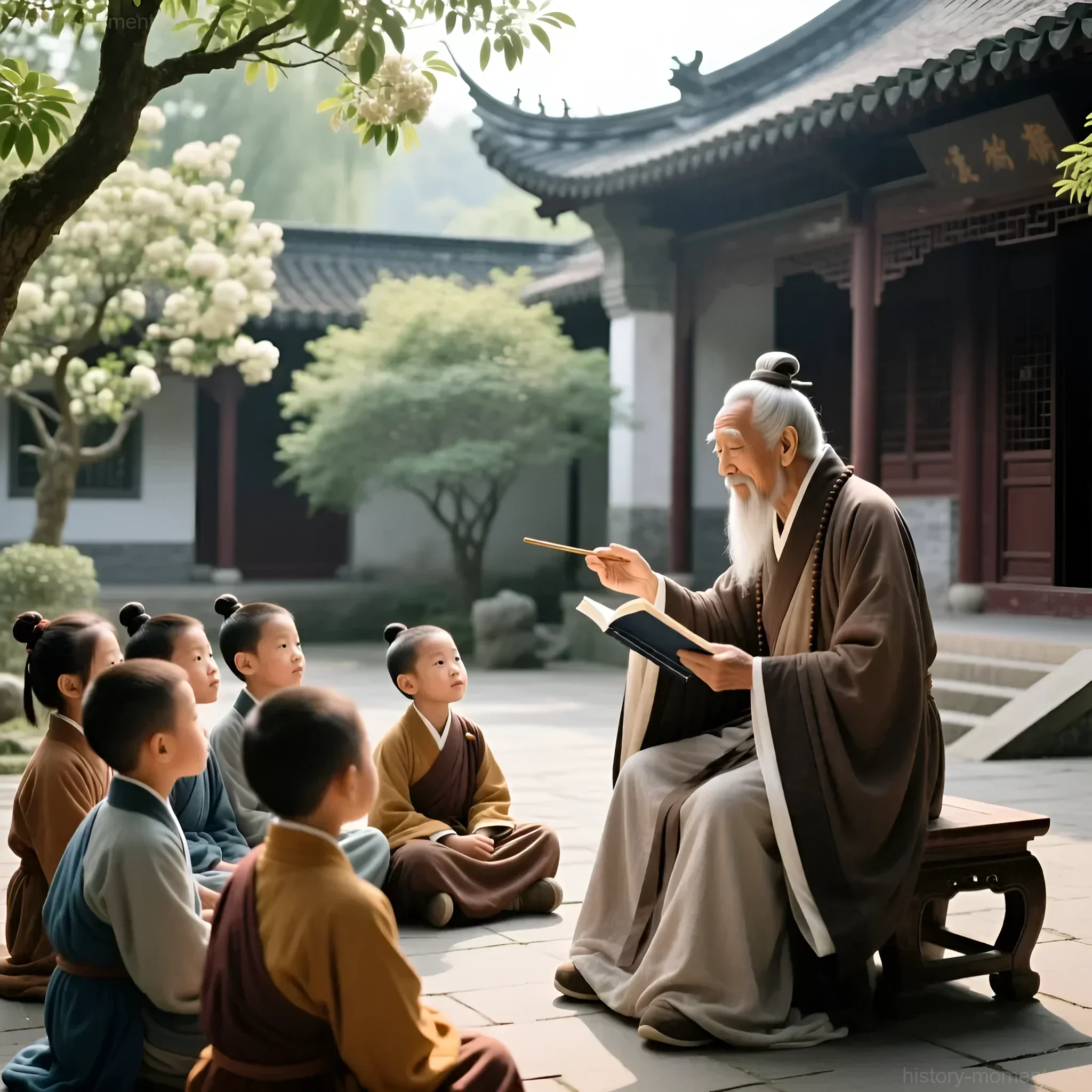 Старый мудрец в традиционной одежде обучает группу детей, сидящих вокруг него во внутреннем дворе китайского дома.