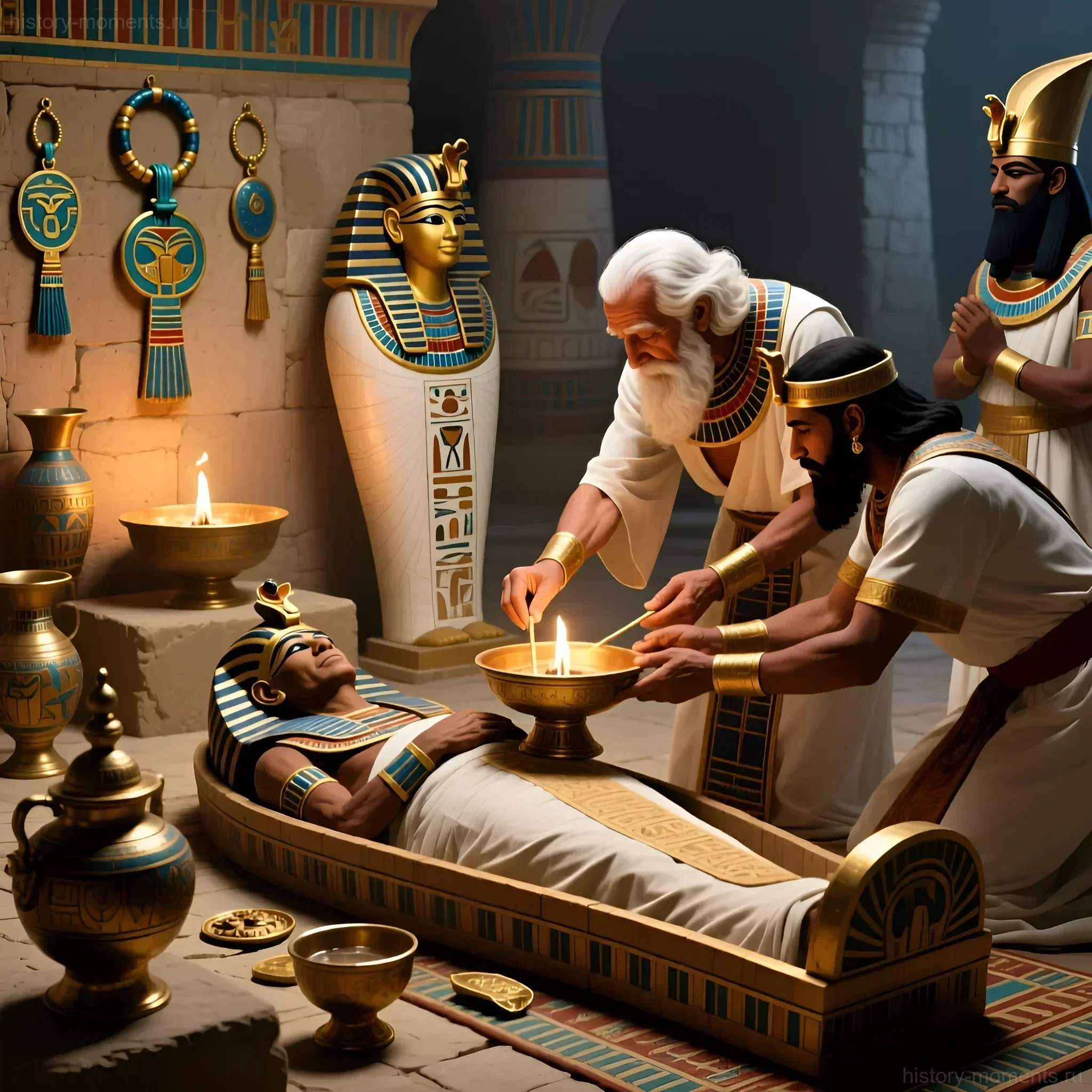 Иллюстрация процесса бальзамирования тела фараона в Древнем Египте, с участием жрецов и использованием ритуальных предметов.