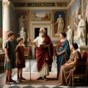 Изображение пожилого римлянина в тоге, держащего посох и наставляющего своих сыновей в роскошном интерьере римского дома.