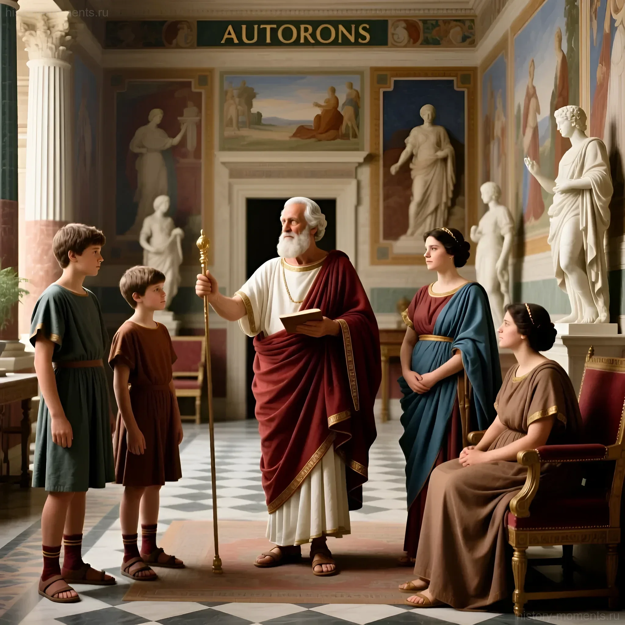 Изображение пожилого римлянина в тоге, держащего посох и наставляющего своих сыновей в роскошном интерьере римского дома.