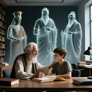 Иллюстрация, символизирующая передачу мудрости от древних философов и правителей современному поколению: старик обучает мальчика, а за ними видны призрачные фигуры фараона, Конфуция и Зороастра.