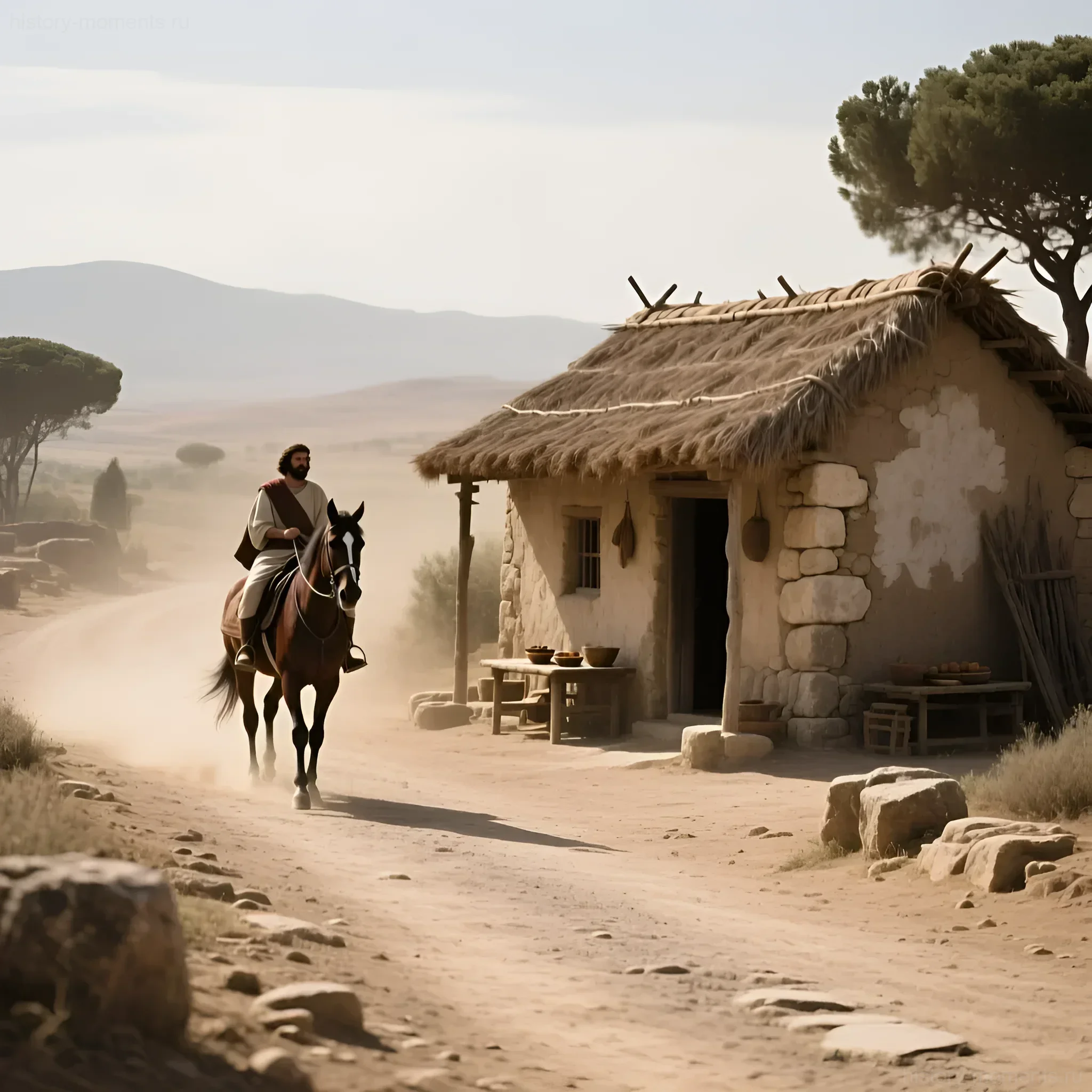 Иллюстрация: Путник на коне приближается к скромной каменной таверне с соломенной крышей на пыльной римской дороге.