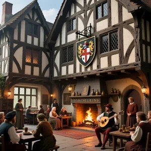 Иллюстрация средневековой таверны с людьми, сидящими за столами, музыкантом с лютней и большим камином.